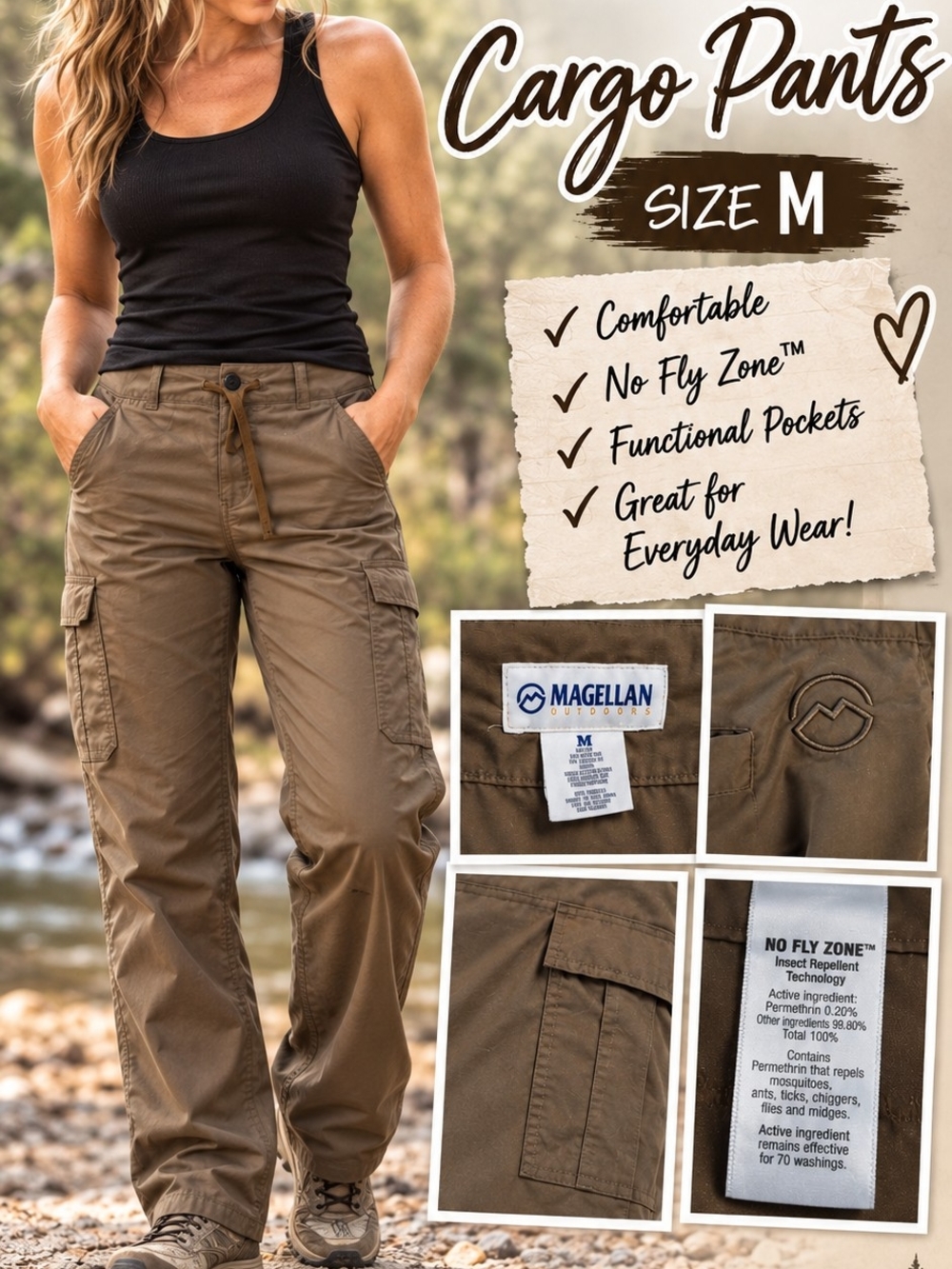 Magellan Outdoors Tan Cargo Trousers with Drawstring Waist